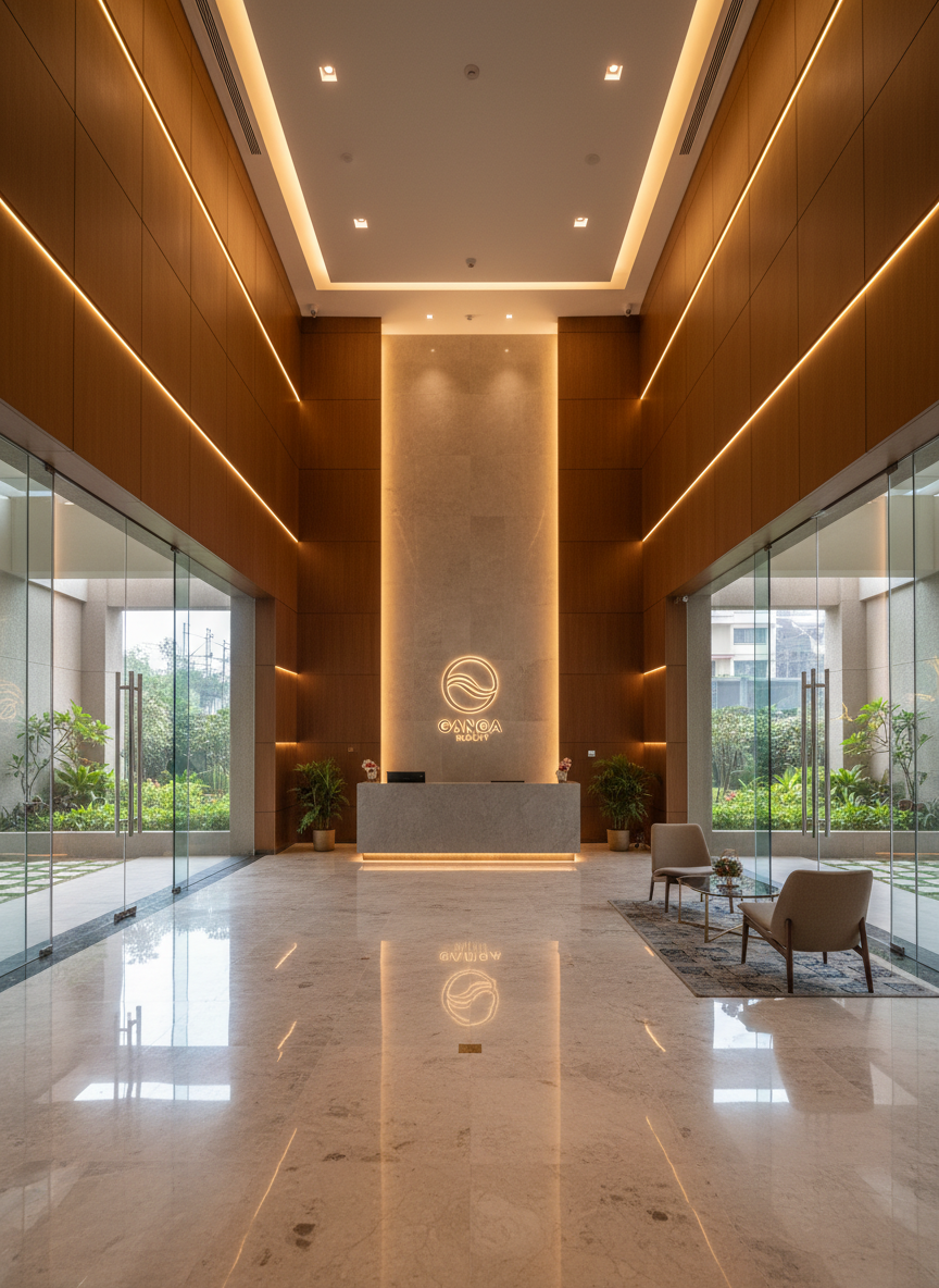 An elegant, double-height entrance lobby of Ganga Apartment Gurgaon, showcasing polished Italian marble flooring in subtle greys and creams, and warm wood-paneled walls with discreet LED strip lighting. A sleek reception console in matte stone sits near the center, backed by a minimalist feature wall with the embossed Ganga Realty emblem. Large floor-to-ceiling glass panels reveal landscaped greenery outside. Soft, diffused ceiling lights and concealed cove lighting create a warm yet professional ambience, casting refined reflections on the floor. Captured from eye level in photographic realism with a balanced, symmetrical composition, the image conveys sophistication, security, and a welcoming arrival experience for prospective buyers.