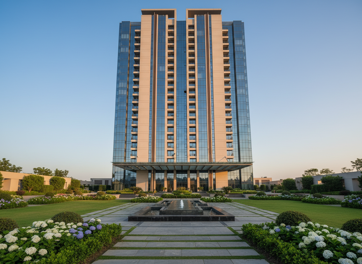 A modern high-rise residential tower of Ganga Apartment Gurgaon, featuring clean glass façades, soft beige cladding, and subtle vertical accents, stands prominently against a clear blue sky. Manicured green lawns, flowering shrubs, and a central water feature frame the building, with paved walkways leading to a grand, canopied entrance. Late afternoon golden sunlight washes over the structure, creating crisp yet gentle shadows that highlight its geometry. Shot from a slightly low, wide-angle perspective in photographic realism, the composition emphasizes height and openness while keeping sharp focus throughout. The mood is aspirational and professional, showcasing premium urban living with a calm, polished atmosphere suitable for a luxury real estate website.