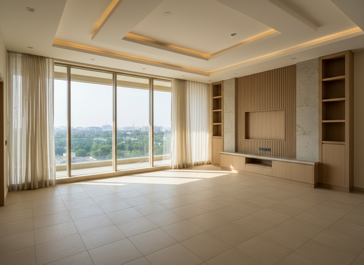 A spacious, high-end living room interior in Ganga Apartment Gurgaon, featuring large floor-to-ceiling windows opening to a city and green-view balcony. Neutral-toned walls, a light beige large-format tile floor, and a coffered ceiling with recessed lights establish a clean, contemporary canvas. A built-in wall niche for TV and storage in textured wood and stone serves as the focal point. Morning sunlight streams through sheer curtains, creating soft, elongated shadows and a cozy glow. Shot in photographic realism from a corner wide-angle perspective, with sharp focus and balanced composition, the scene feels bright, airy, and professionally designed, perfectly reflecting premium, divine living in Gurgaon without any furnishings that fix a particular style.